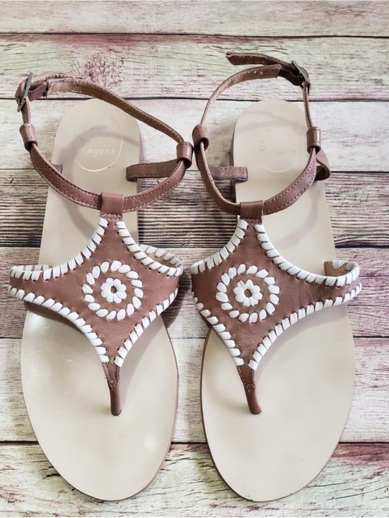 Jack Rogers Shoes - Jack Rogers Tan Leather T-strap Sandals with White Whipstitch